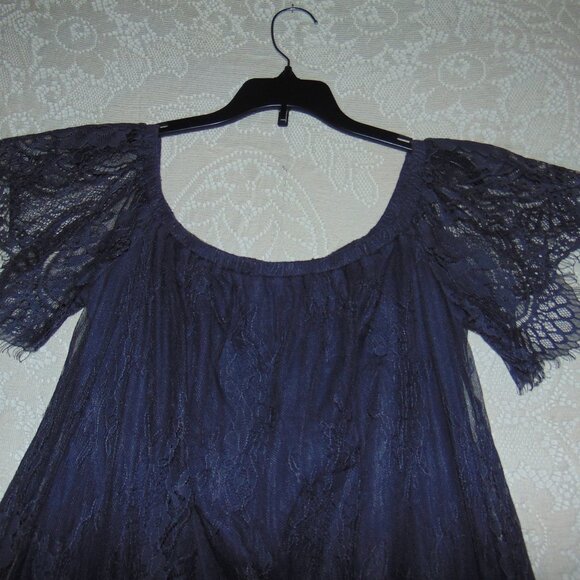 American Eagle Tunic blouse lace womens scalloped cottagecore Whimsigoth blue M - Picture 2 of 11